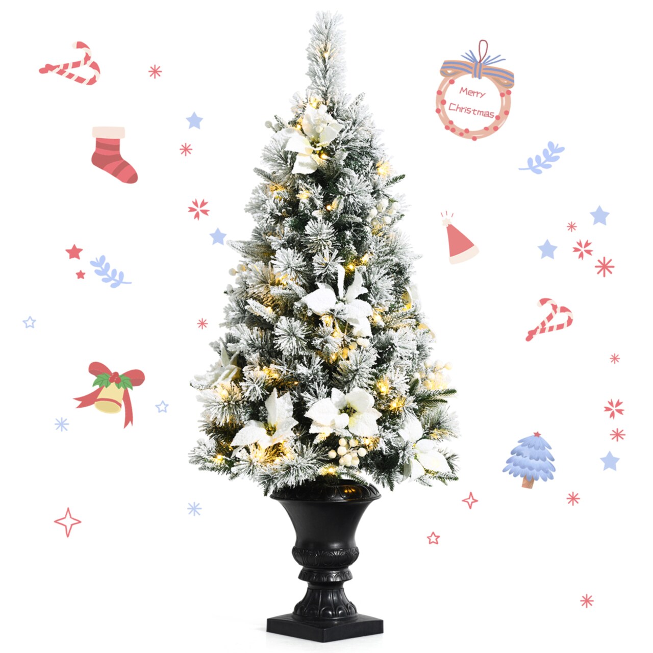 4 Ft Pre-Lit Christmas Entrance Tree Snow Flocked Xmas Tree W/ Led Lights